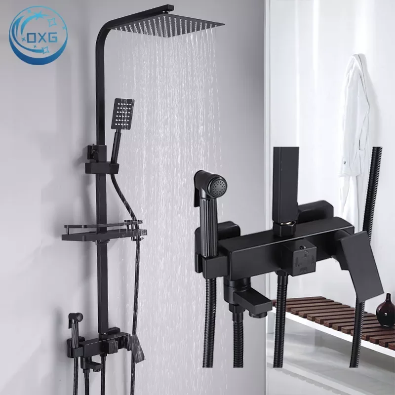 

2022New OXG Brass Shower Faucets Bathroom Shower Mixer Crane Bidet Faucet Rainfall Shower Set Shower Spray With Shelf,Black/C