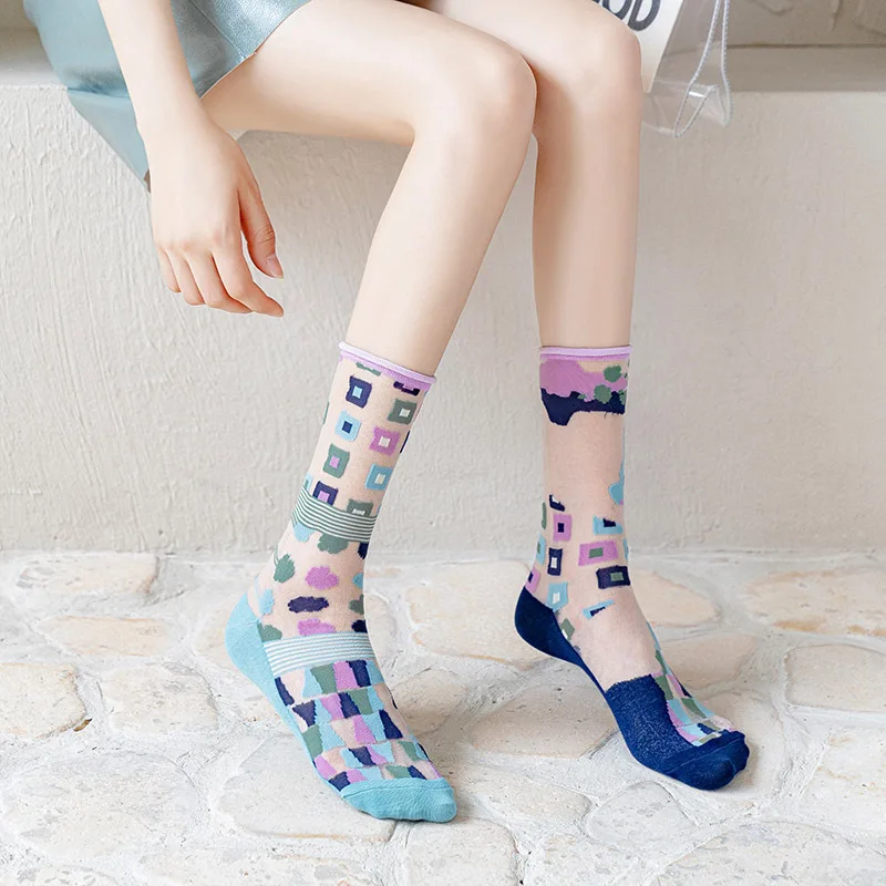 

Summer socks women's socks French art stockings women's thin section AB asymmetric glass card silk tide socks in the tube socks