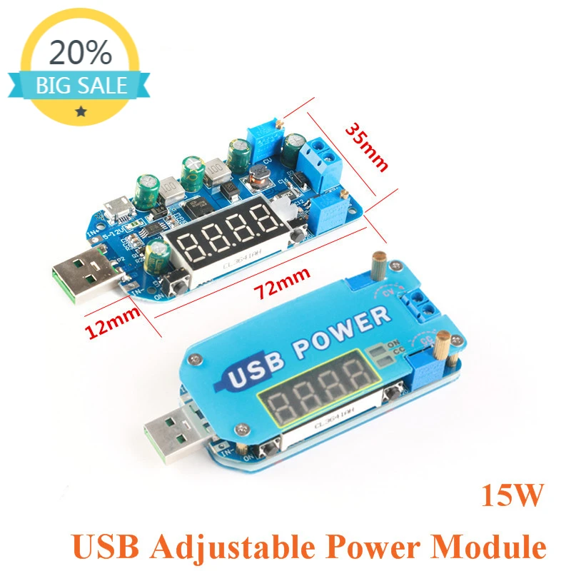 

15W DC-DC USB Adjustable Power CC CV Step Up Down Boost Buck Converter Board Module 5V to 3.3V 9V 12V 24V 30V Router DP2