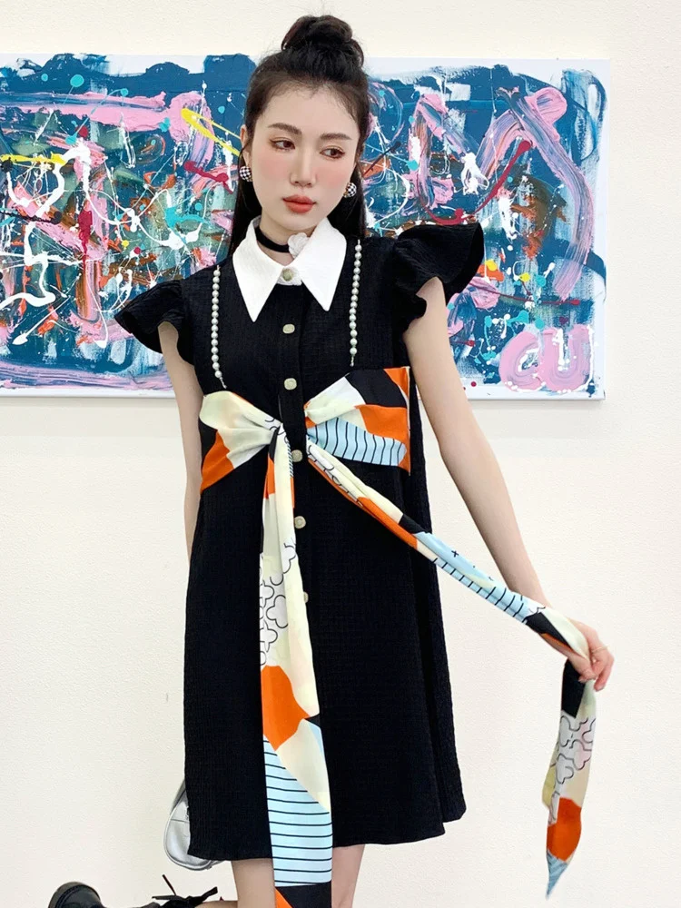 

Korean Chic Patchwork Contrast Color Pearl Chain Lace Up Flying Sleeve Single Breasted Female Dress 2022 Summer New G585