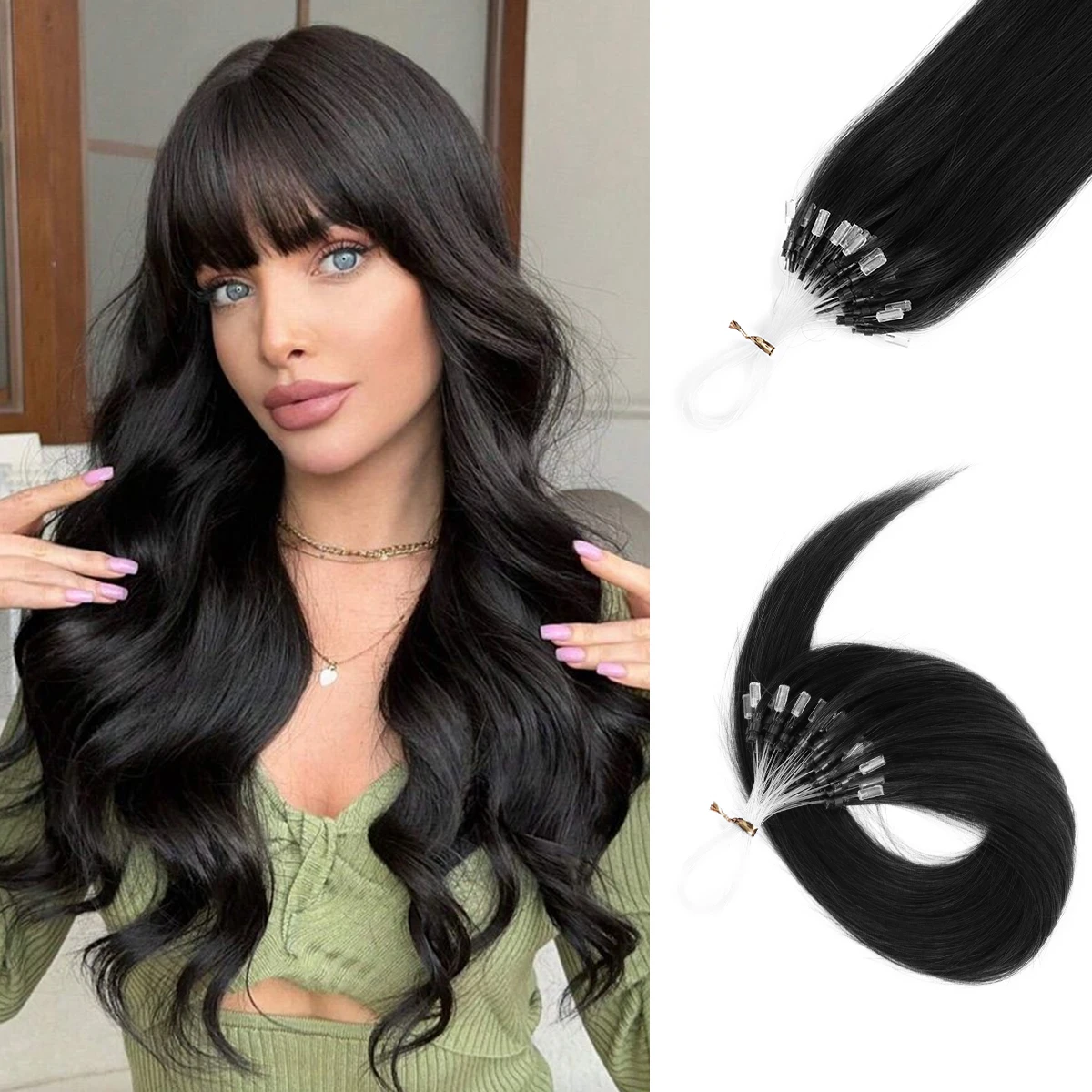 Фото YWUEXT HAIR Loop Наращивание волос с микрокольцами Простота установки Натуральное прямое наращивание лески 16-22 дюйма 50 г №1