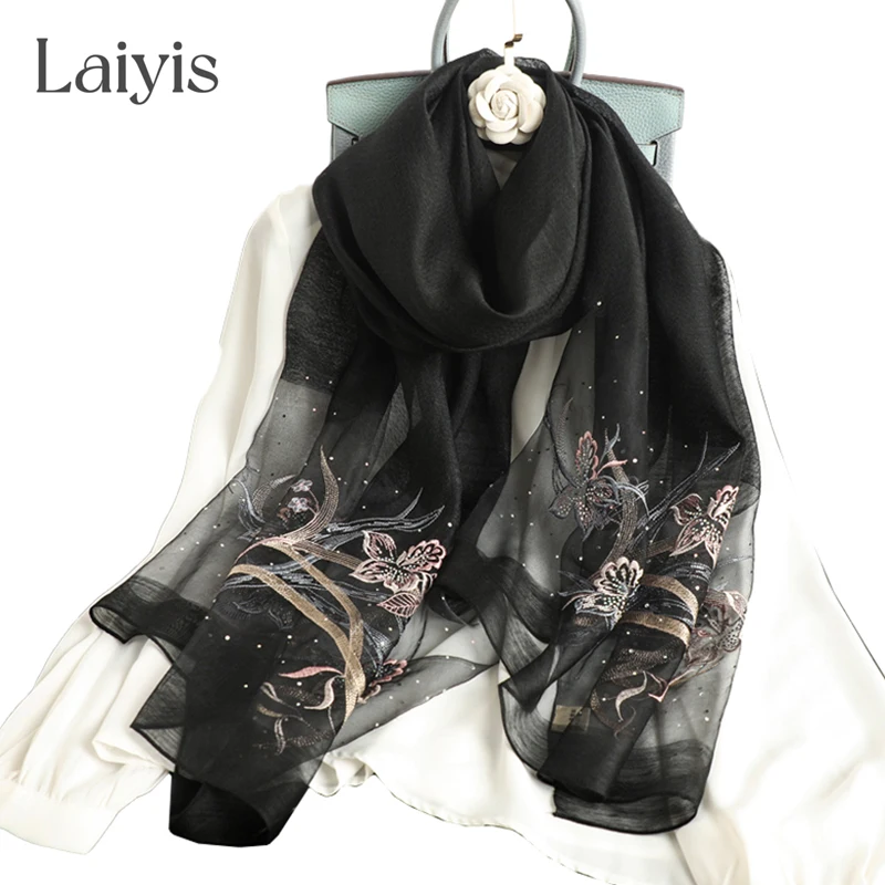 

Beach Silk Wool Scarf Headscarf Women Floral Embroidery Female Foulard Hijab Pashmina Spring Shawls Wraps Bufanda Stoles