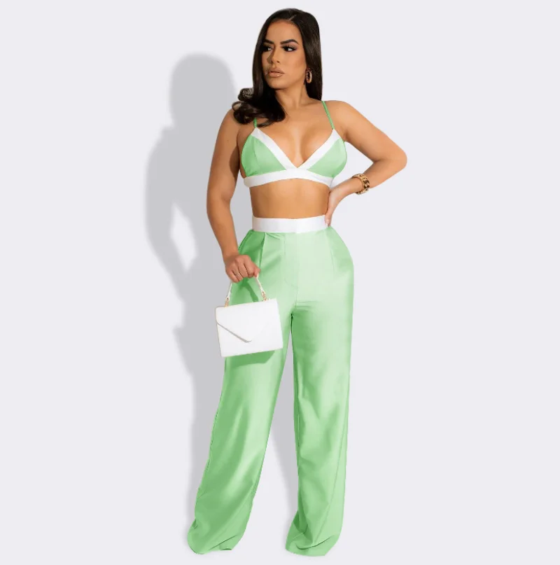 

Белый женский костюм KEXU в стиле пэчворк, топ с бюстгальтером и прямые брюки с широкими штанинами, модный привлекательный костюм из двух предметов, спортивный костюм, 2023