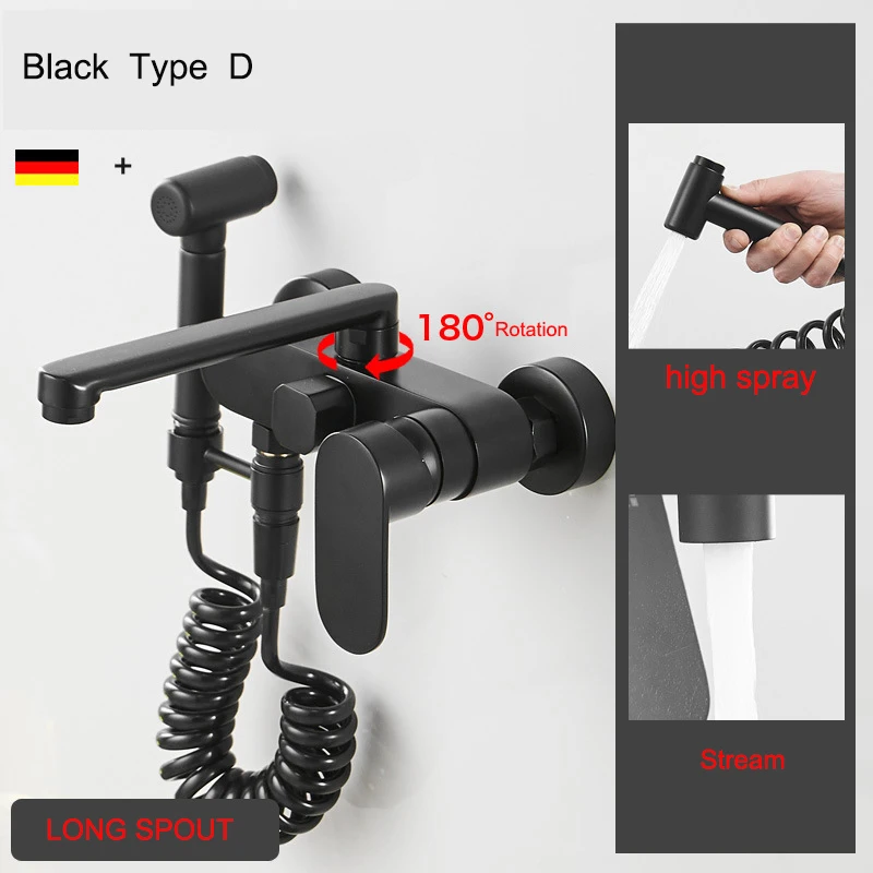 

Матовый черный кухонный смеситель с длинным носиком, настенный кран для холодной и горячей ванны, все матело с биде, можно использовать как кран для ванной комнаты