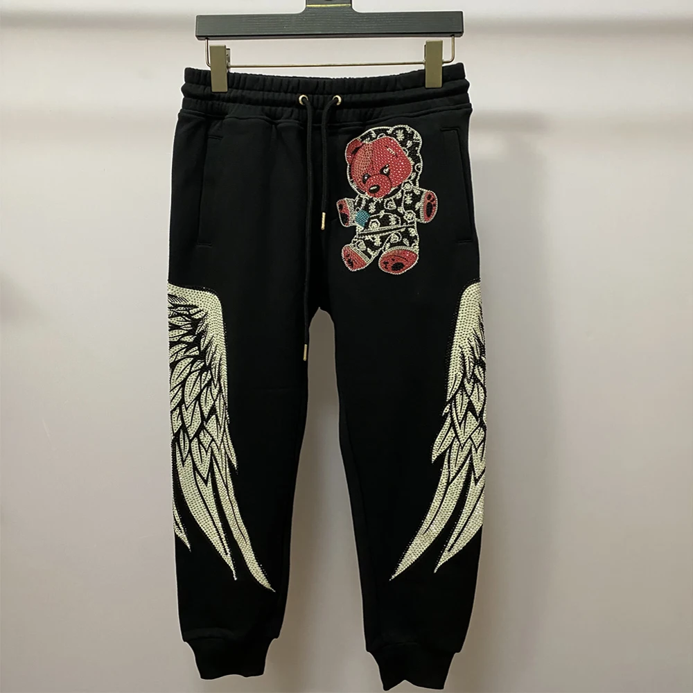 Luxury Trendy Brand Water Drill Bear Wings Casual Long Trousers for Men Women Autumn Sweatpants Elastic Waist Black Sports Pants