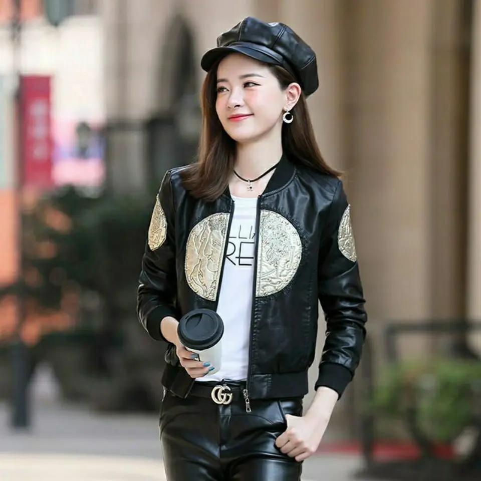 Leather Jacket Women's 2022 Spring and Autumn New Baseball Uniform PU Casual Fashion Leather Jacket Trench Coat for Women