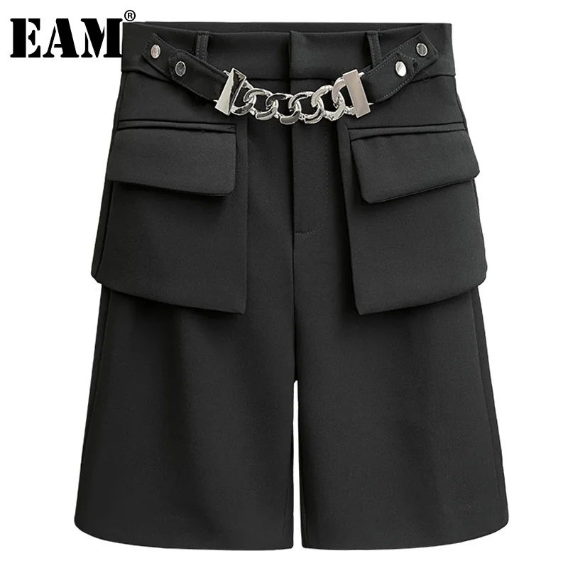 

[EAM] High Waist Black Pocket Chain Knee Length Trousers New Loose Fit Pants Women Fashion Tide Spring Autumn 2021 1DD0369