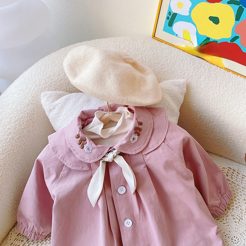 RiniKinda 2022 Autumn Girl Coat Cotton Kids Trench Embroidery Newborn Toddlers Infant Outfits Princess Baby Outdoor Clothing