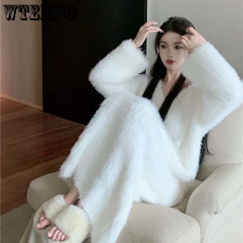 

Женское шерстяное платье длиной до колен WTEMPO, мягкое длинное платье из шерсти норки с воском, элегантная одежда на осень и зиму