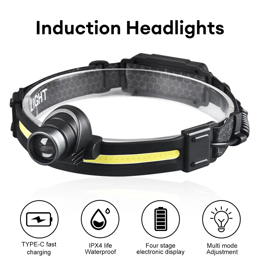 

Фонарь с датчиком освещенности, уличный фонарь для кемпинга, яркий фонарь с большим увеличением, COB, налобный фонарь для рыбалки и бега