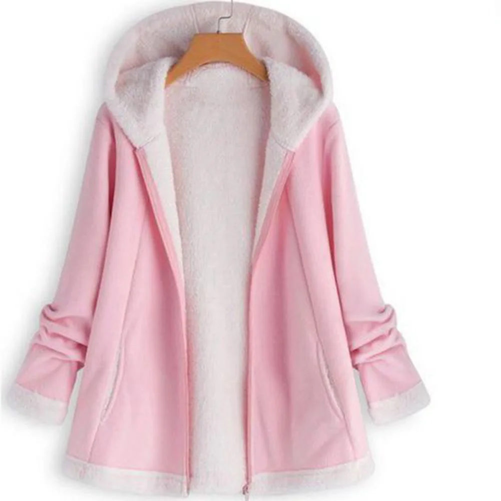 Casual Fluffy Fur Coat Women Autumn Winter Solid Color Long Sleeve Zipper Button Cute Warm Hooded Coat  Size Outwear Female