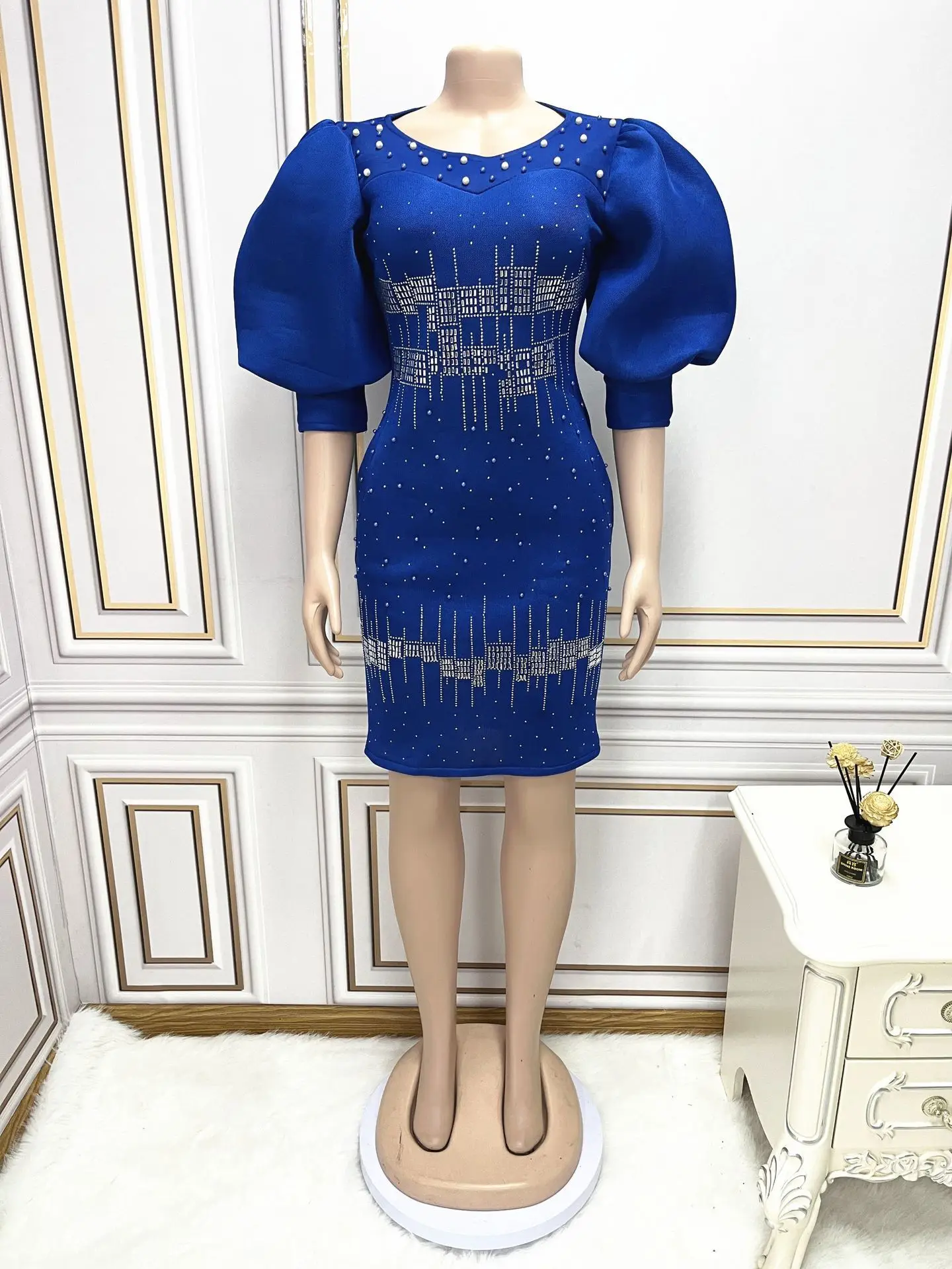 Plus Size Dresses Women's 2023 Round Neck Solid Color New Heavy Industry Hot Diamond Dress Women's Wear Evening Party Dresses