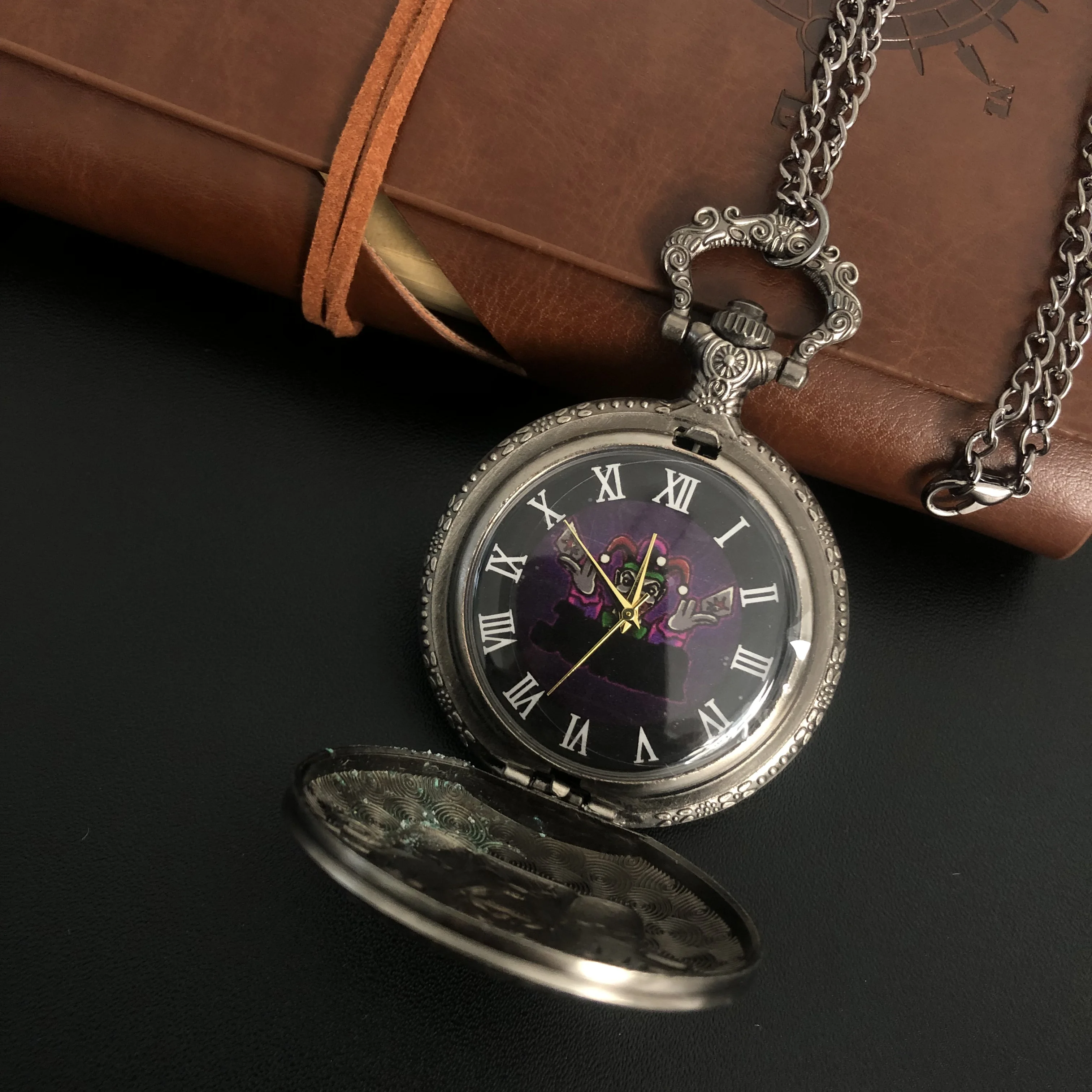 Gray 3D Famous Character Carved Black Dial Quartz Pocket Watch Necklace Pendant Gifts For Women Or Man with Fob Chain