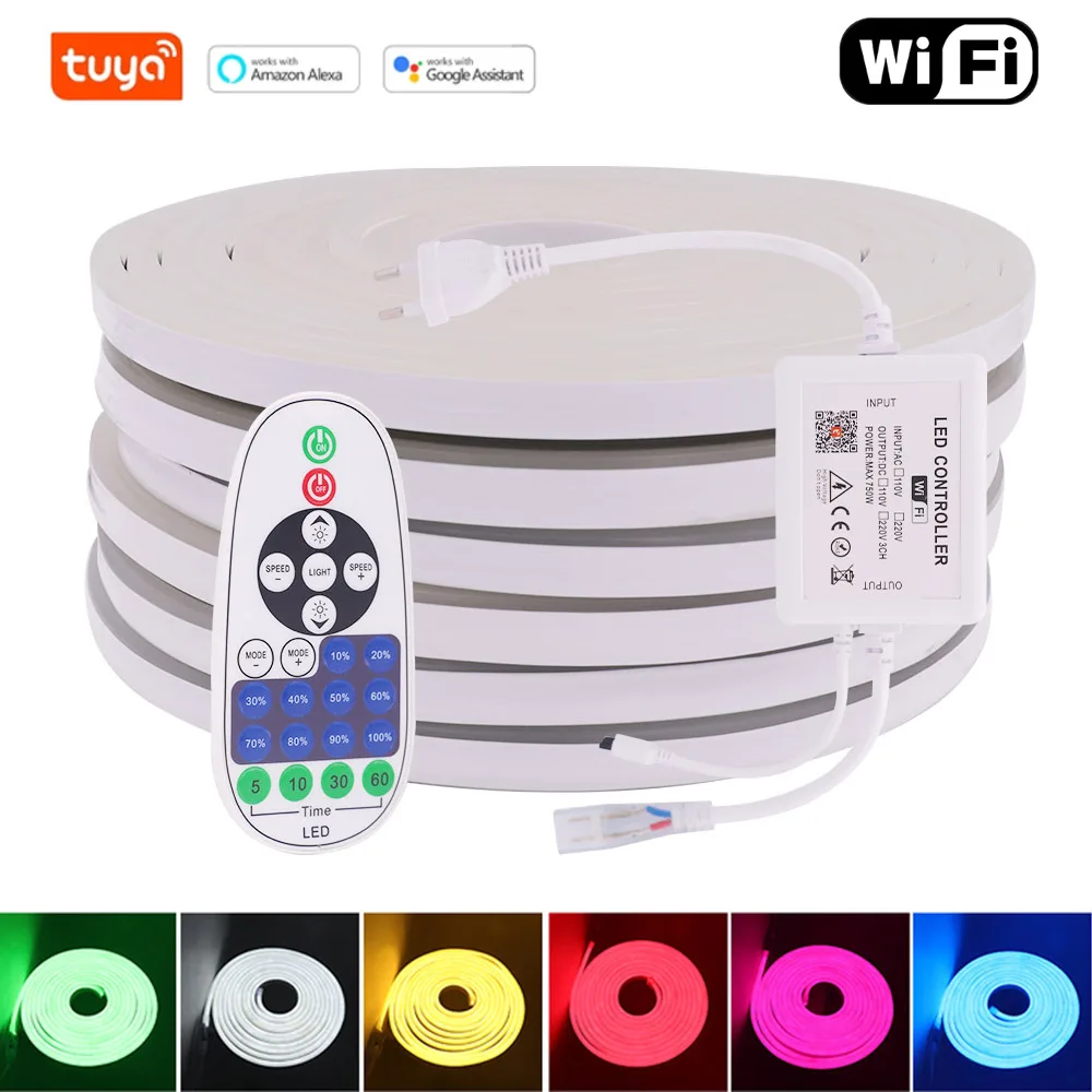 

EU 220V LED Neon Strip 2835 120LEDs/m Waterproof Outdoor Flexible Neon Lamp Light Warm White Red Blue IR Wifi APP Control