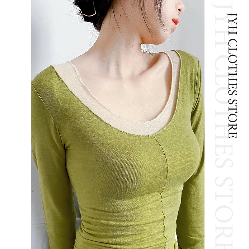 

Ladies Sexy Tight Long Sleeve T-shirt Casual Solid Color Elastic Basic Tops Women Low Round Neck Tencel Slim T-shirt Homewear