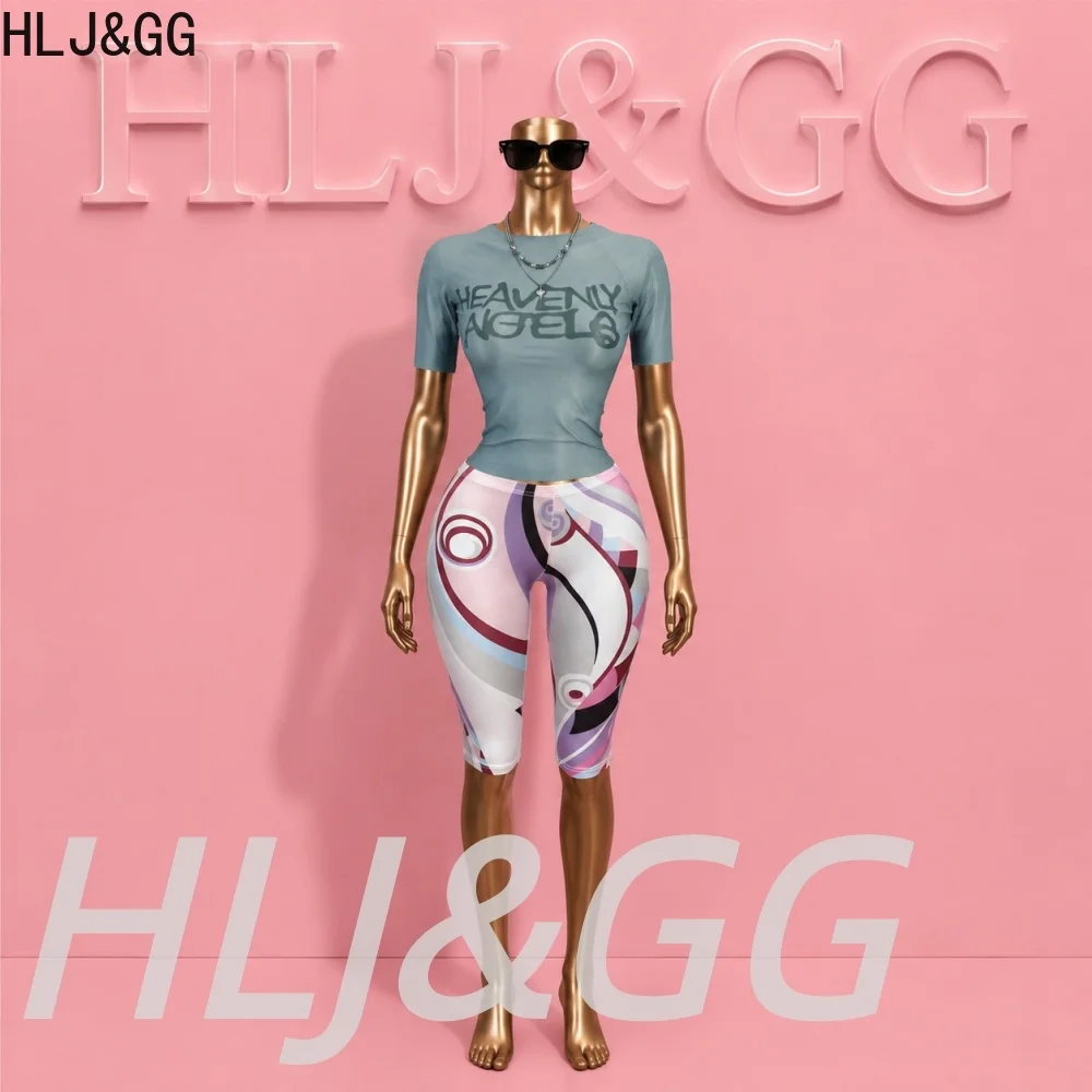 Модные сетчатые прозрачные футболки с надписями в стиле Y2K от HLJ&GG, комплекты из двух предметов, женские укороченные топы с круглым вырезом и шорты, уличная одежда (art.: 3920dcad74ba2) - 3920dcad74ba2