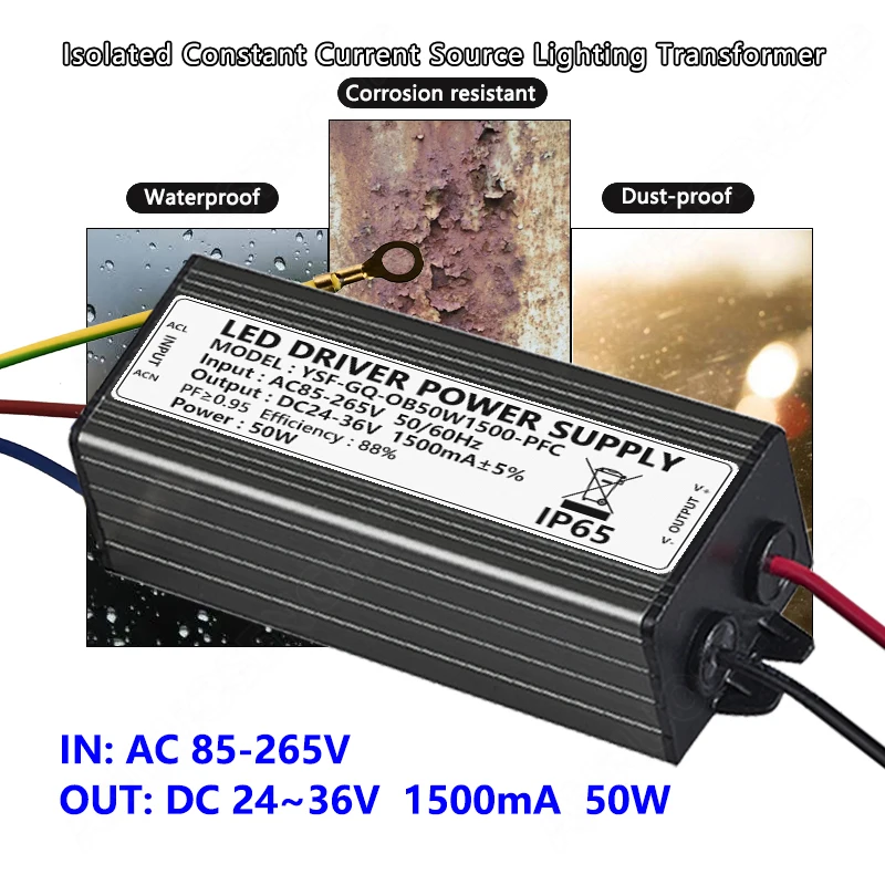 

1500mA 50W LED Lamp Transformer 85-265V AC to DC24-36V Waterproof IP65 Aluminum Isolated Constant Current Driver Power Supply