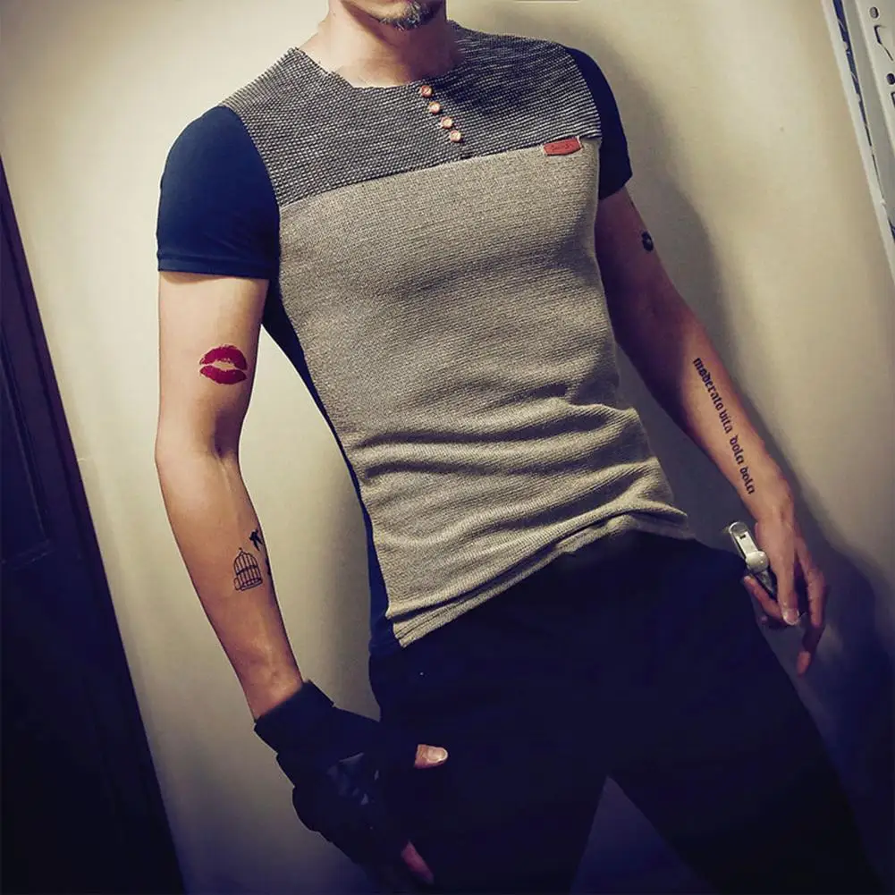 

Men Top Patchwork Contrast Color O Neck Leisure Summer Shirt for Daily Wear