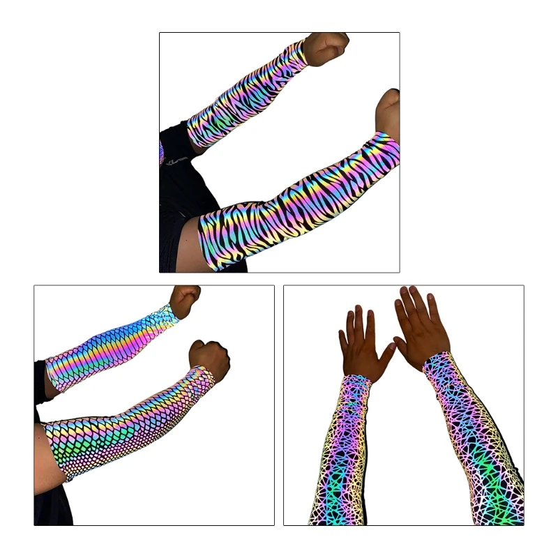 

Rainbow Colorful Reflective Arm Sleeves Glowing Compression Fingerless Gloves Hip Hop Party Sports Elbow Cover for