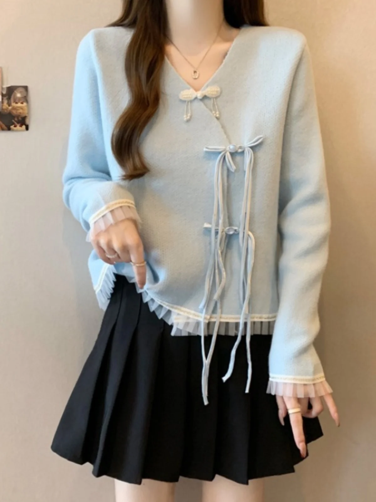 New Chinese Sle National V-neck Sweater Cardigan Outerwear Women Autumn and Winter Plus size Chubby Girl High-Grade S...