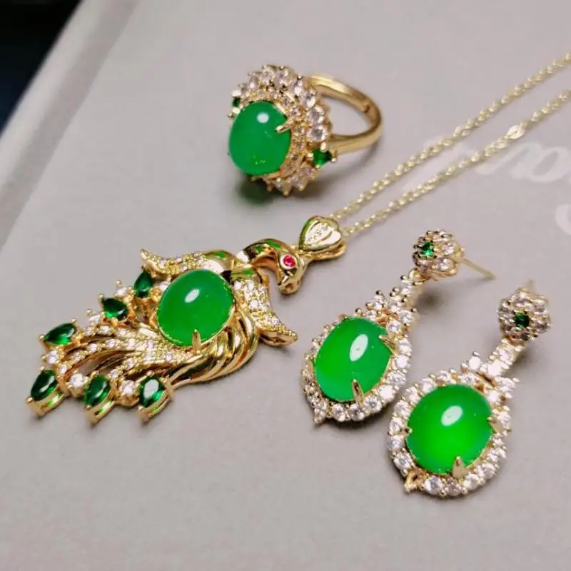 Women Genuine Natural Green Jade Earrings Ring Pendant Necklace Jewelry Set Chrysoprase Peacock Charms Chalcedony Amulet Gifts