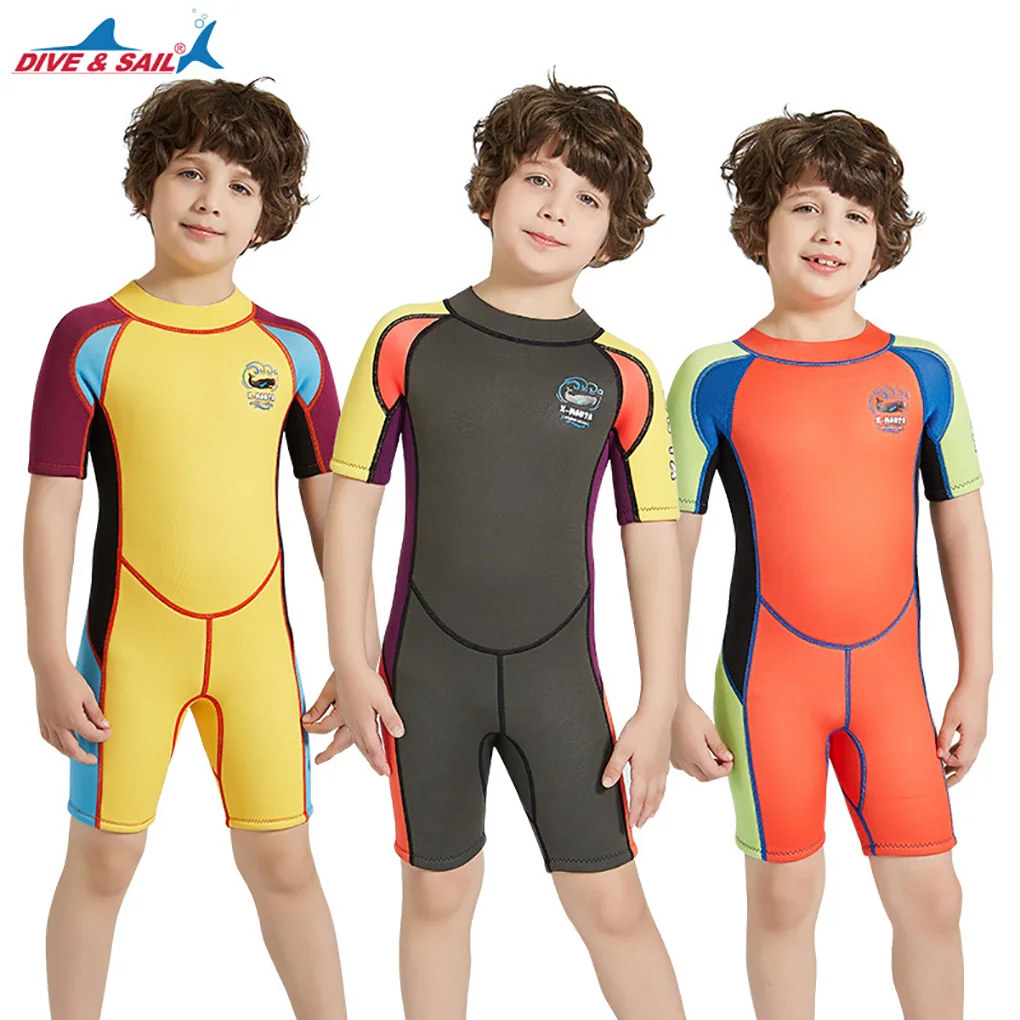 

3-10years Kids Children Neoprene Wetsuit Rash Guard One Piece Swimwear Surf Jellyfish Suit Orange green sleeve S