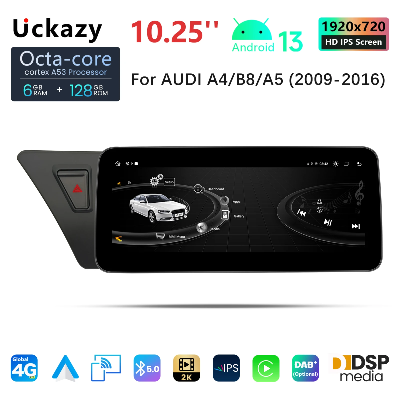 1920*720 Беспроводной Carplay Android 13 Автомобильный радиоприемник для Audi A4 B8 A5 2009-2017 Экран