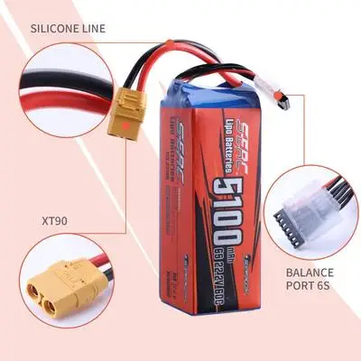 

6S RC Lipo Battery 22.2V 60C 5100mAh with XT90 Plug for Drone Racing