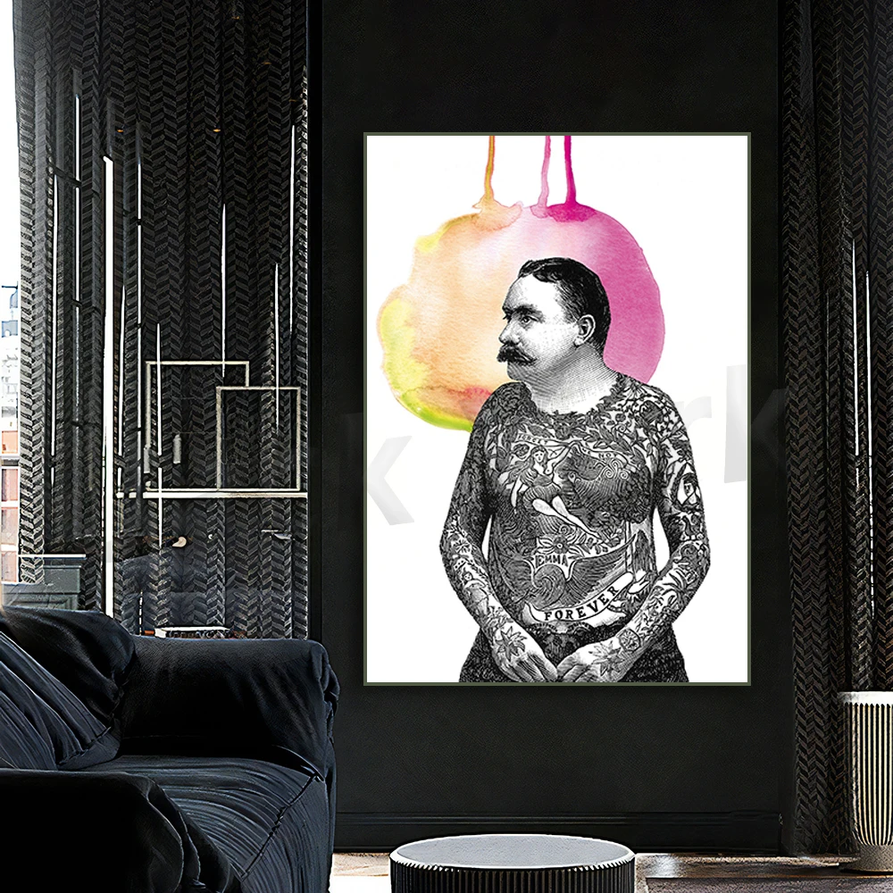 

Fine art print tattoo guy watercolor vintage, tattoo parlor decoration