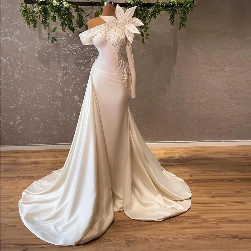 

2022 Long Sleeve One Shoulder Handmade Flower Sequins Women Party Prom Gowns White Elegant Mermaid Evening Dresses