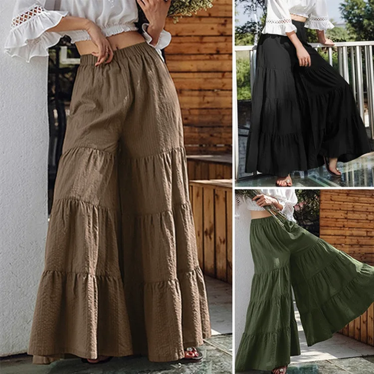 

Women's Vintage Wide Leg Trousers 2022 Solid Pants Casual Elastic Waist Long Pantalon Female Turnip