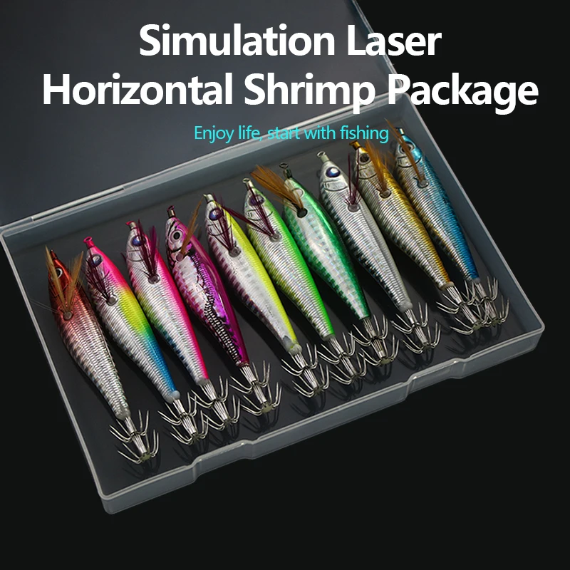 10 artificial bait wooden shrimp bait squid hook set simulation laser horizontal shrimp fake bait fishing hook