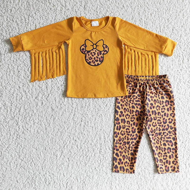 

Fall boutique cartoon style mouse orange shirt with tassel with leopard leggings two piece set children's clothing