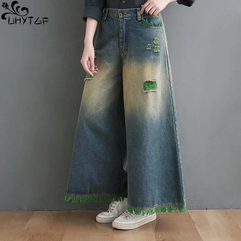 

Женские винтажные рваные джинсы UHYTGF, весна-осень, новинка, свободные брюки с широкими штанинами Y2K, уличная мода, женские джинсовые брюки с бахромой