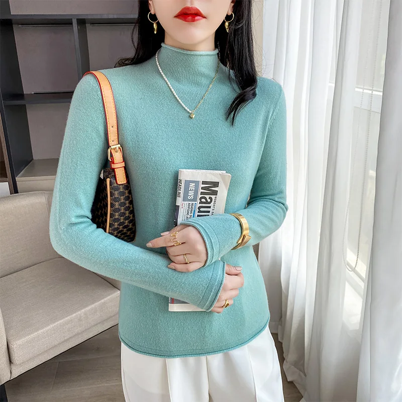 

Autumn Winter New Crimped Cashmere Sweater Women Keep Warm Half Turtleneck Pullovers Knitting Sweater Fashion Long Sleeve Tops