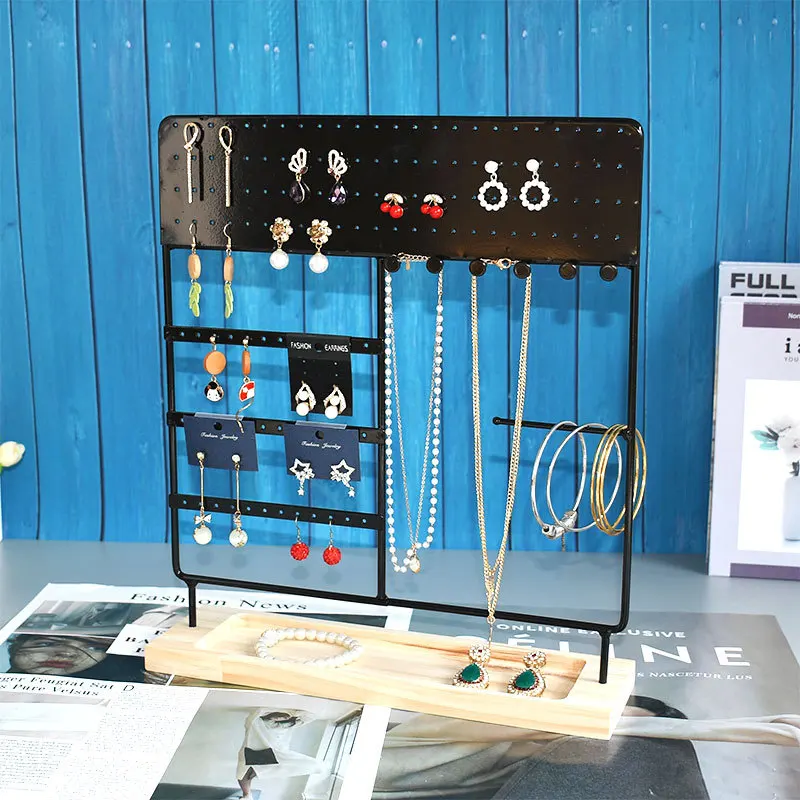 Iron Earring Display Stand Rack Solid Wood Base Jewelry Organizer Rack Necklace Ornament Long Chain Jewelry Display Rack Storage