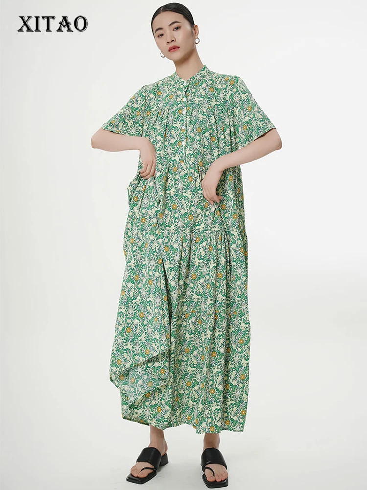 

XITAO Single Breasted Casual Dress Korea Summer New Arrival Personality Fashion Loose Stand Collar Short Sleeve Dress HQQ0667