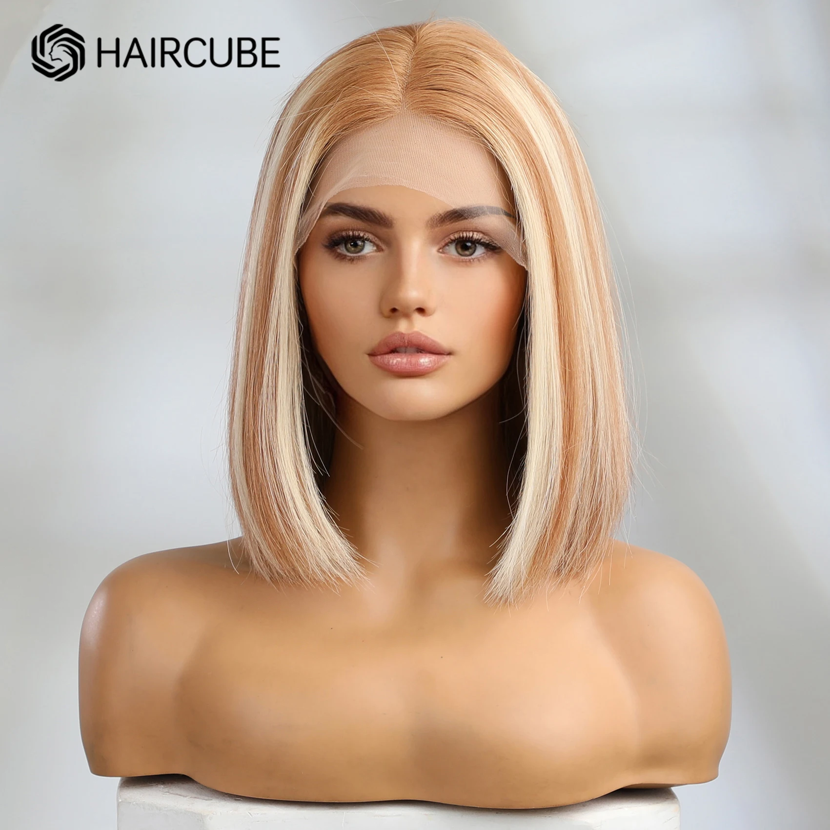 HAIRCUBE Long Straight Bob Human Hair Wig Blonde Lace Frontal Wigs 13*1DH Transparent Lace Wig Natural Human Hair Wigs for Women