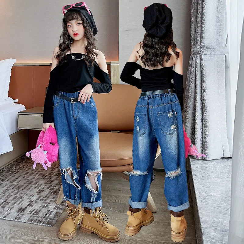 

Girls ripped jeans suit 2022 autumn fried street girls strapless bottoming shirt fashionable straight pants two-piece set