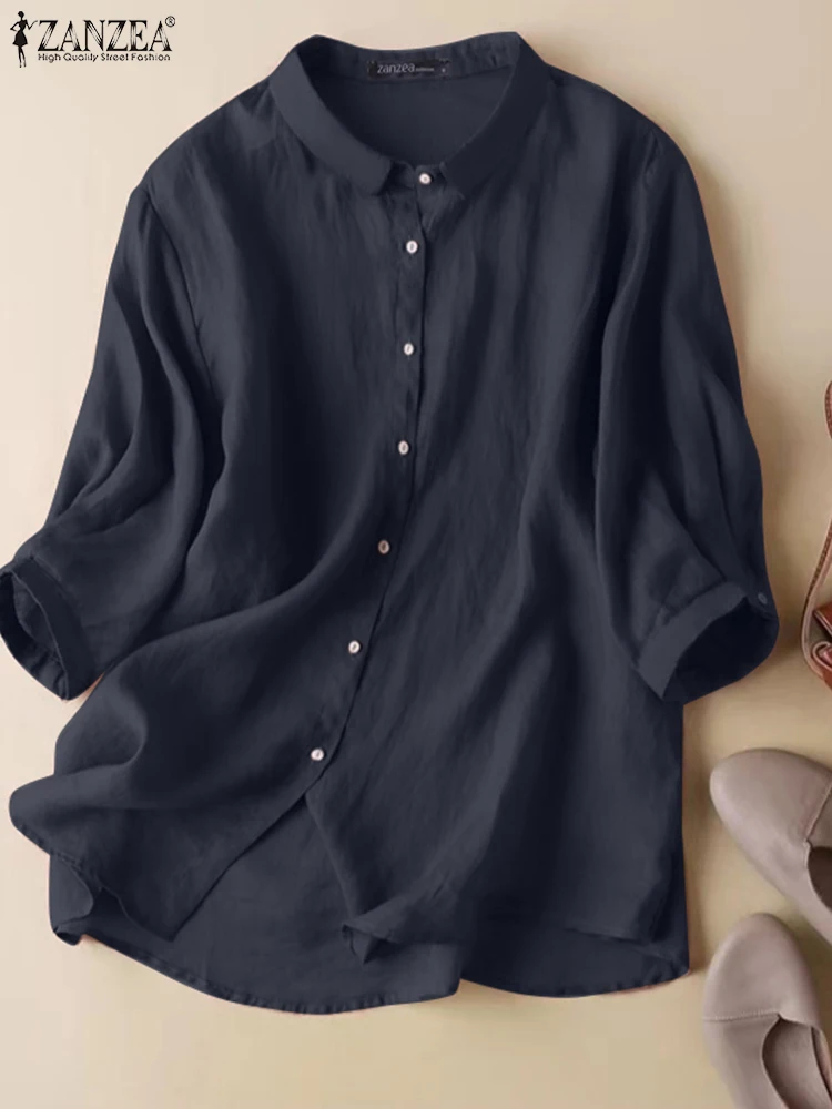 

ZANZEA Women 3/4 Sleeve Solid Shirts Summer Work Shirt Loose Buttons Down Blouse Lapel Neck Tunic Tops OL Blusas Female Chemise