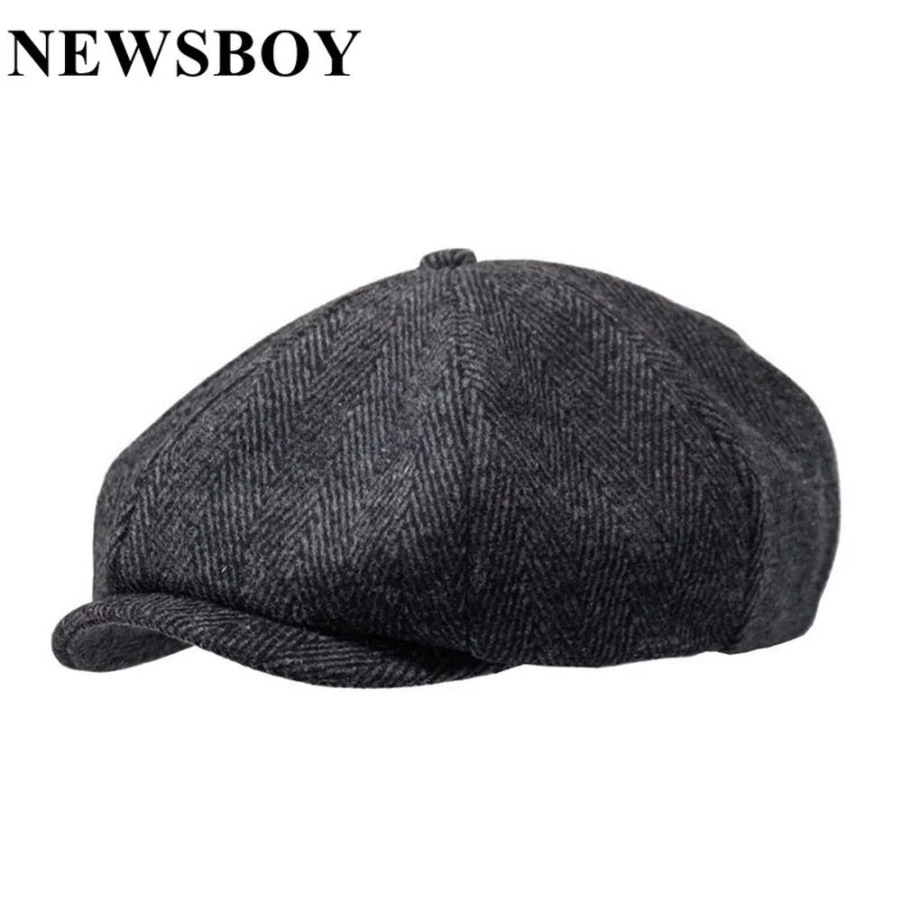 

NEWSBOY Beret Wool Mens Hat Herringbone Flat Cap Casual Autumn Winter Tweed British Style Retro Men's Octagonal Hats And Cap