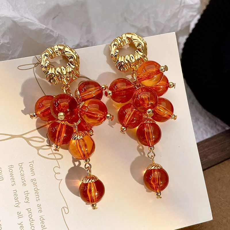 

Minar INS Fashion Orange Color Glass Grape Dangle Earrings for Women Girls 18K Gold Plated Fruit Strand Long Tassel Earring Gift