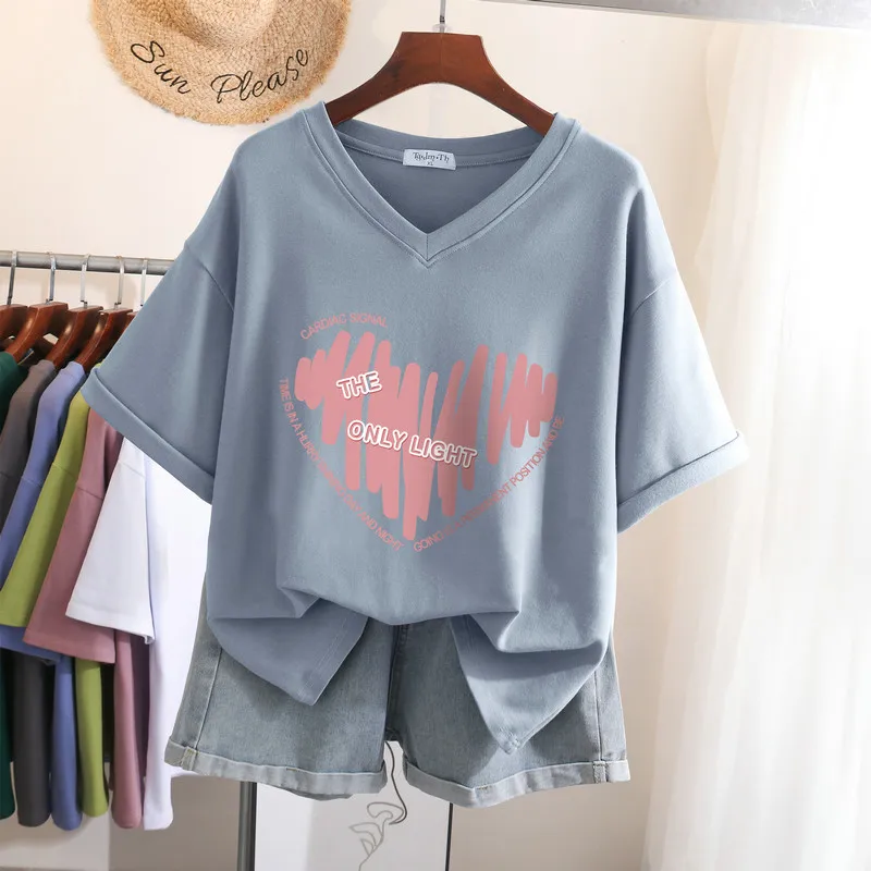 

Женская Повседневная футболка DAYIFUN, летняя футболка большого размера с V-образным вырезом и принтом в виде сердечек, 100% хлопок