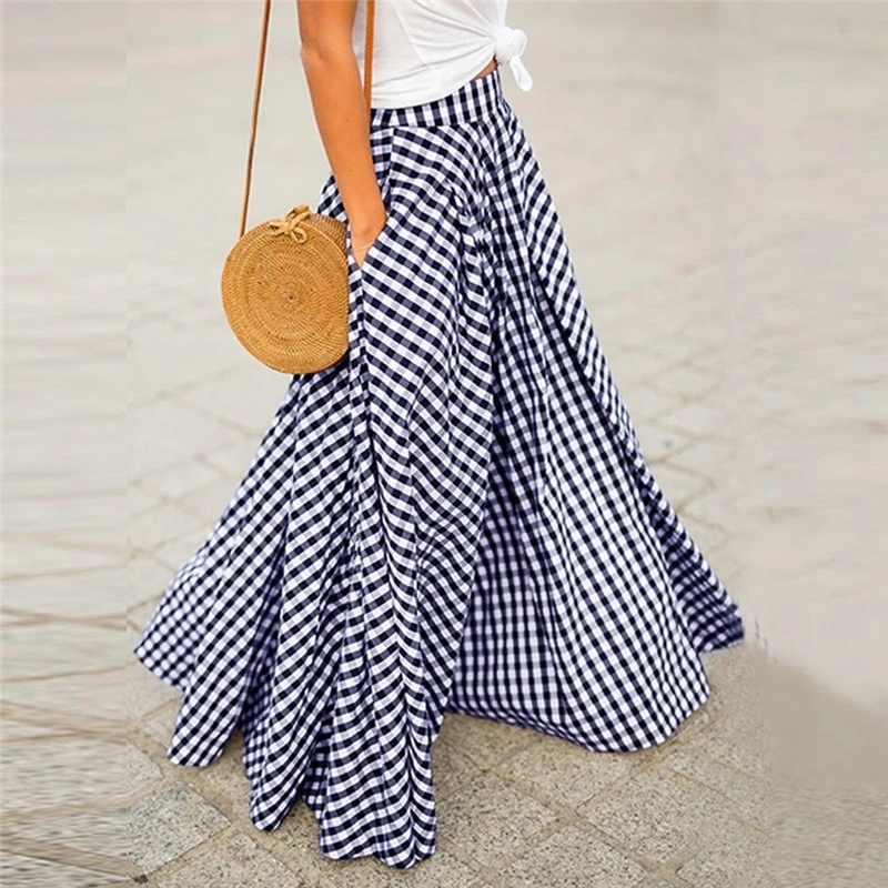 

Women Summer Vintage Literary All Match Umbrella Skirt High Waist Slim A Word Plaid Long Skirt Casual Big Swing Check Skirt