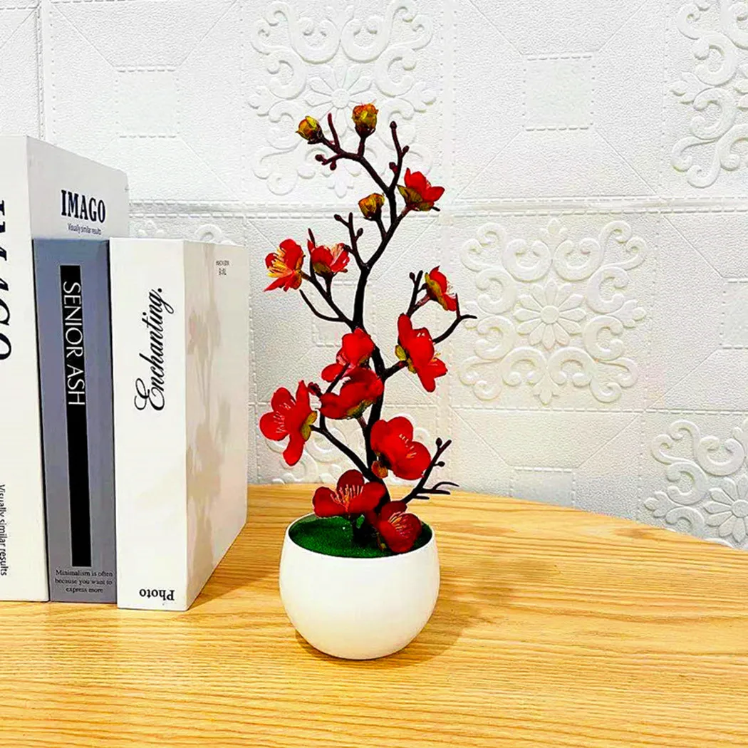 

Bonsai Silk Flower Plum Artificial Potted Plants Blossom Simulation Winter Plum Branch Vases Wedding Home Rooms Decorate