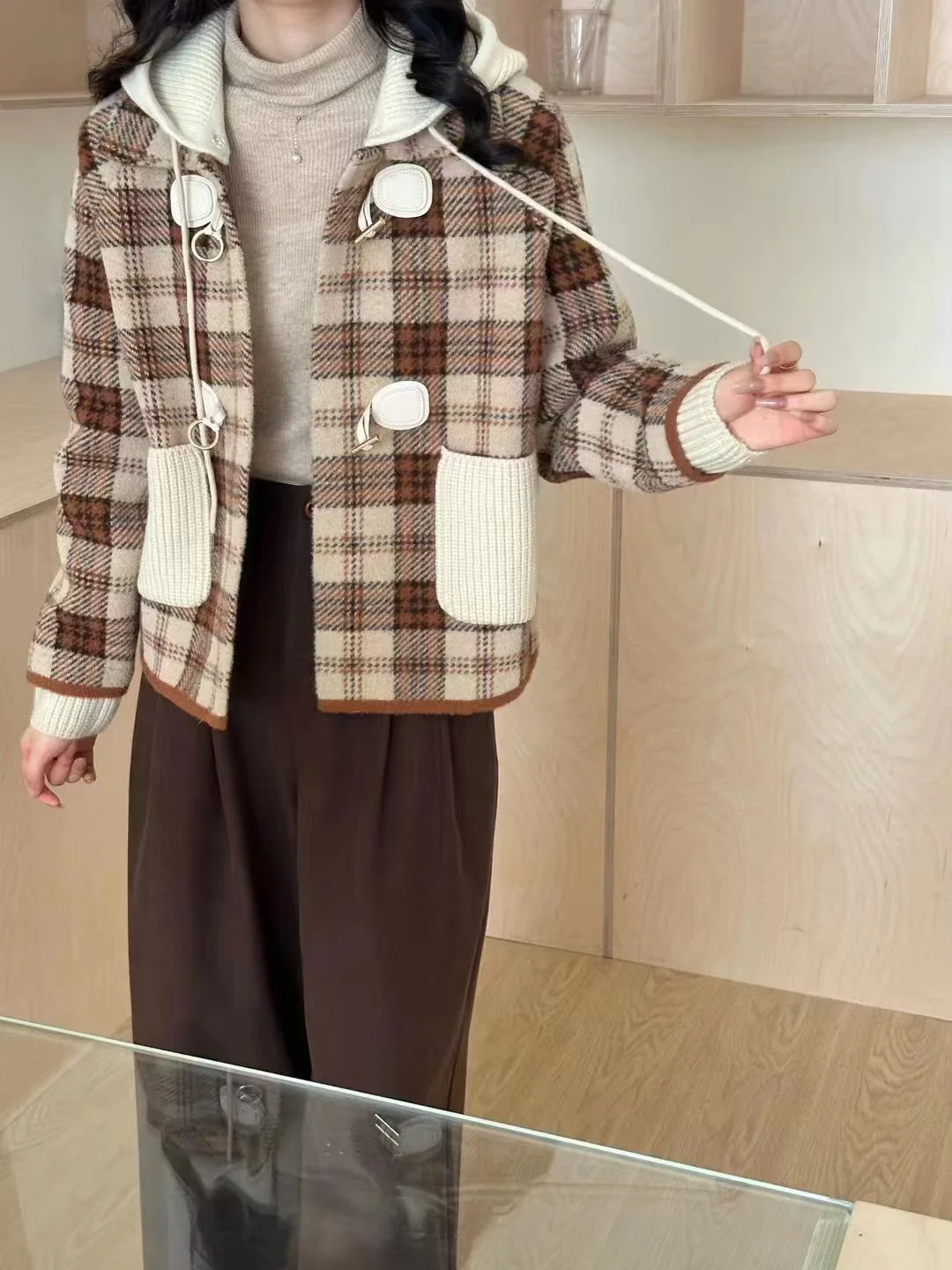 Hood Detachable Collar Plaid Woolen Jacket Women Autumn and Winter New High-Grade Short Double-sided Plush Cardigan Top Thick