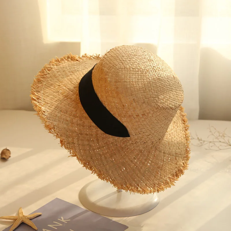 Шляпа Соломенная женская с широкими полями Солнцезащитная пляжная шапка лентой