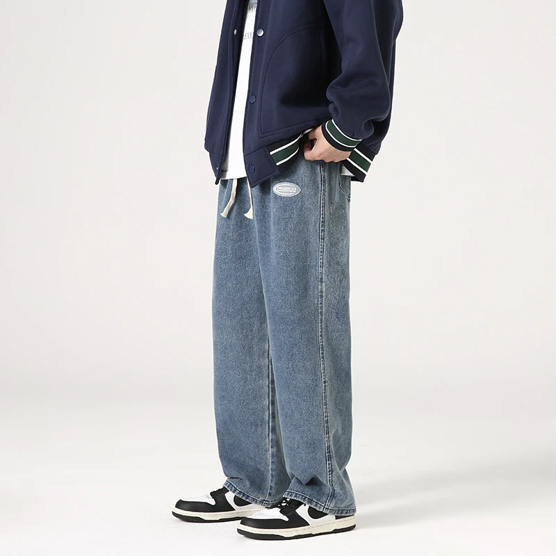 

2022 New Drawstring Wide Leg Jeans Men's Loose Straight Leg Jeans High Street Retro Elastic Waist Long Pants Jeans Pants for Men