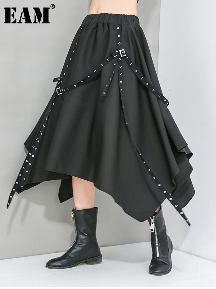 

[EAM] High Elastic Waist Black Irregular Ribbon Buckle Long Half-body Skirt Women Fashion Tide New Spring Autumn 2022 1DE8447