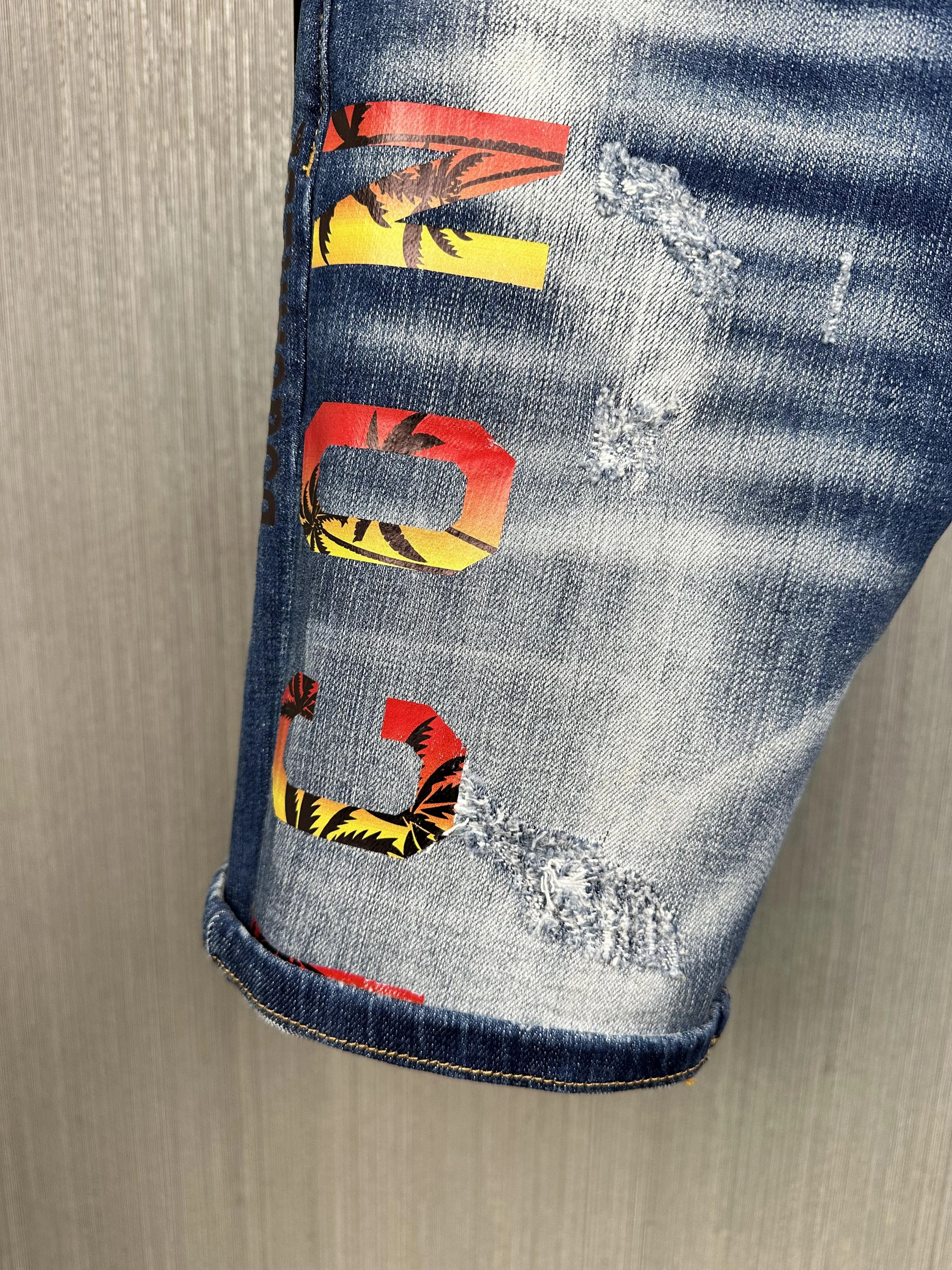 2023 Summer New D2 Jeans Fashion Men's Blue Denim Shorts Fashion Slim Fit Slim Elastic Simple Versatile Men's Capris